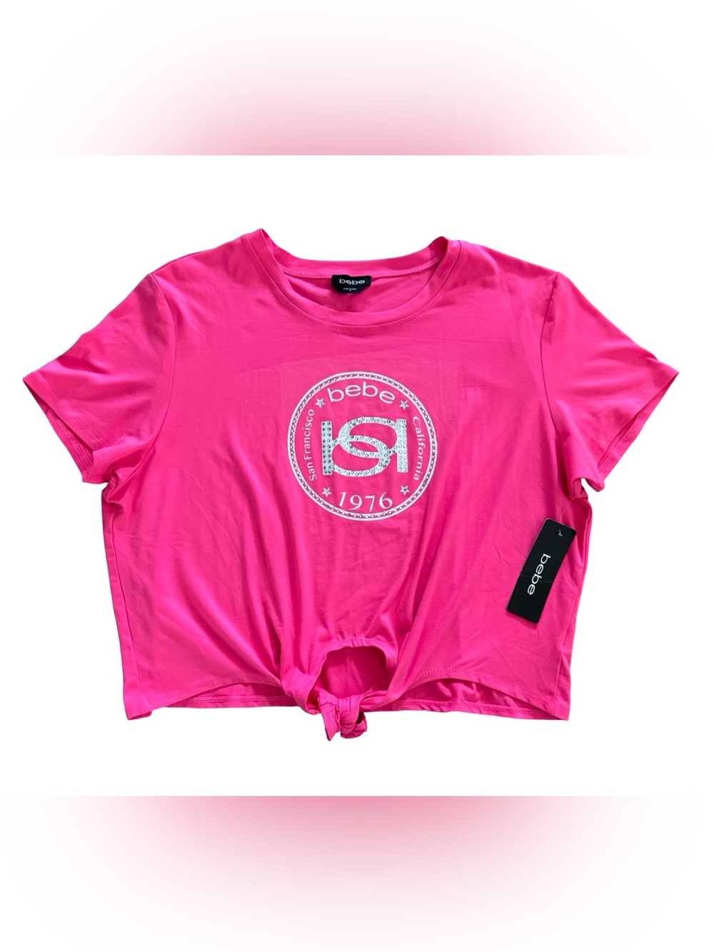 Bebe Candy Kiss Logo Tie Front Graphic Tee Rhinestone Hot Pink Women’s XL NWT